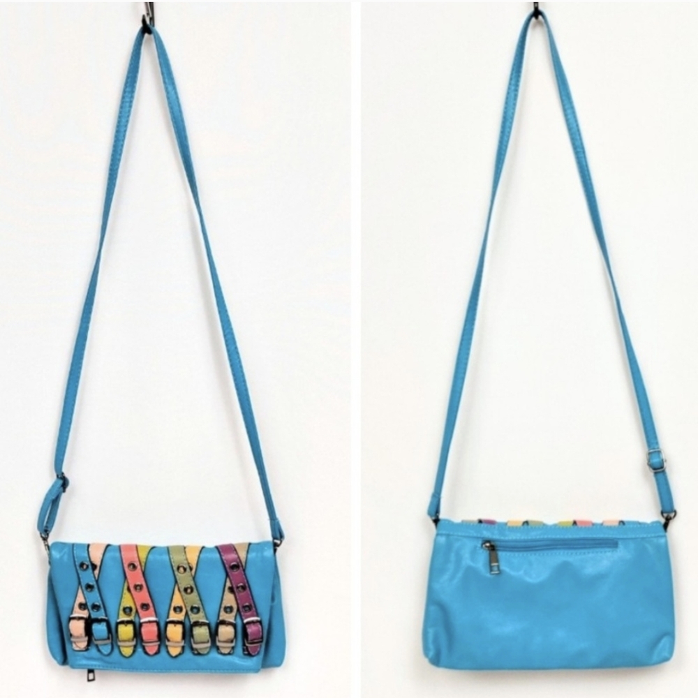 Crossbody Y2K Foldover Purse Multicolor Buckle Straps Grommet Trim Faux Leather